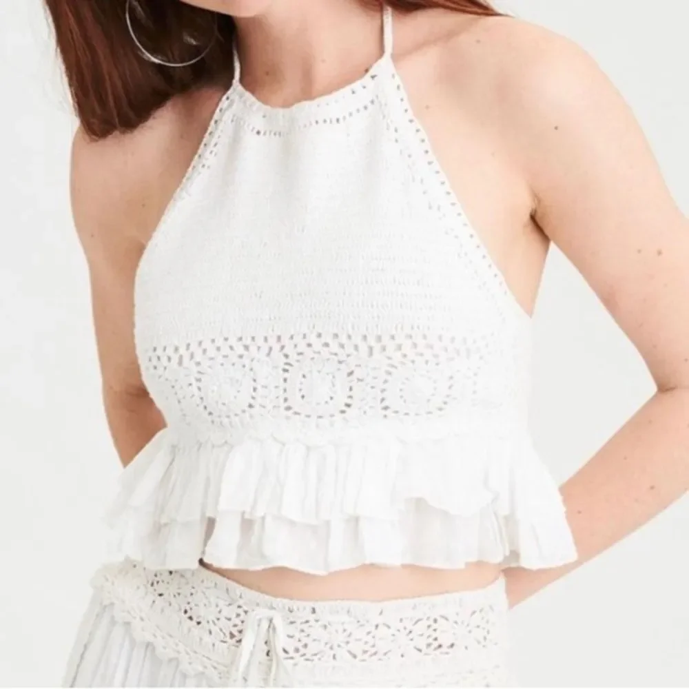 American Eagle White Crochet Halter Top